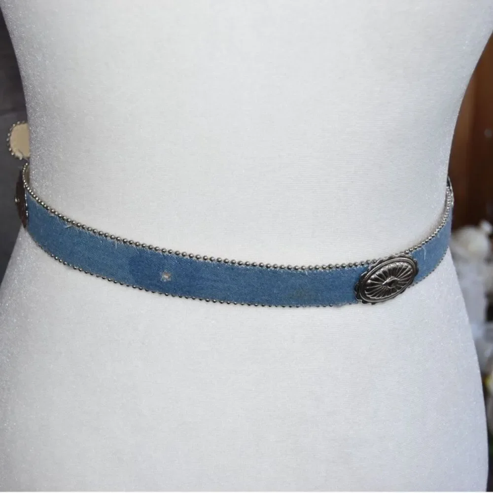 Vintage Y2K Denim Concho Belt Western Silver Studded XS S